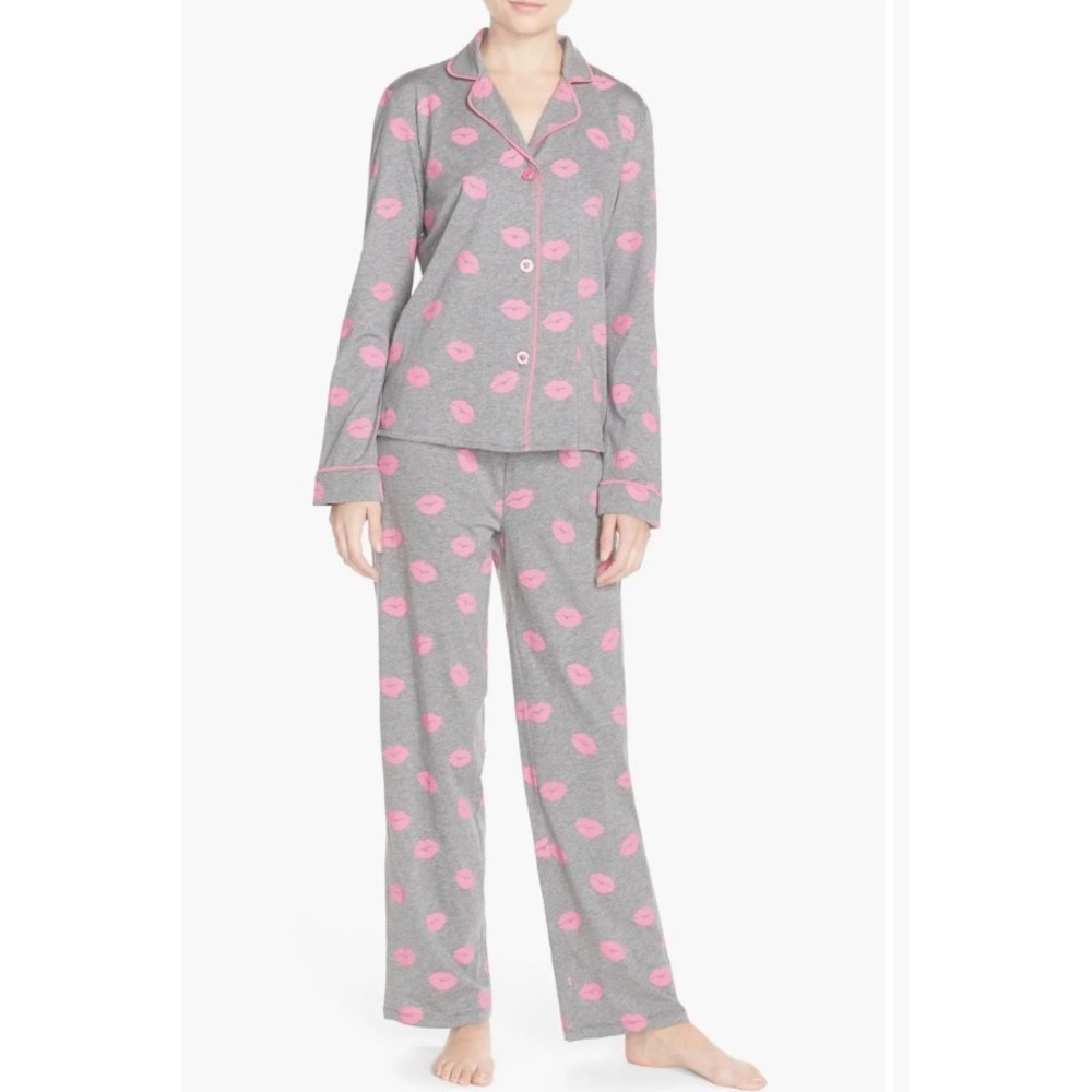 P.J. Salvage Gray Pink Lip Print Long Sleeve Cozy Cotton Pajama Set Sz S $139